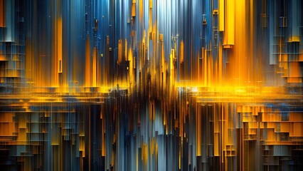 Obraz premium Dynamic abstract composition of vertical lines and blocks in orange and blue tones