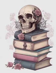 Halloween vintage illustration of skull on top of a stack of books with lacy cobwebs and pink roses