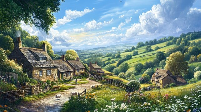 Cottages nestled in rolling green hills.