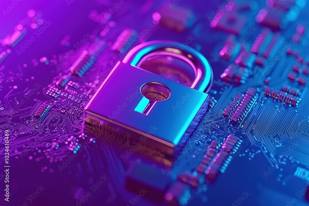 Poster lock symbolizing digital security on circuit board with vibrant colors.
