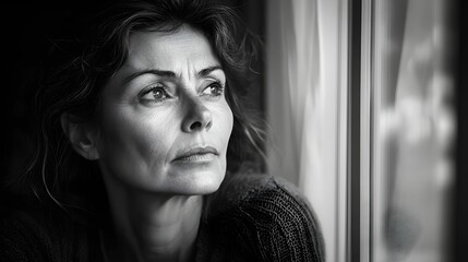 ubóstwo, kobieta, portret, refleksja, czarno-białe, okno, myśl, powaga, ubóstwo, trudności życiowe, realistyczne, wyraz twarzy, Canon EOS R5, f/1.6, fotografia z bliska, empatia, walka, refleksja nad 