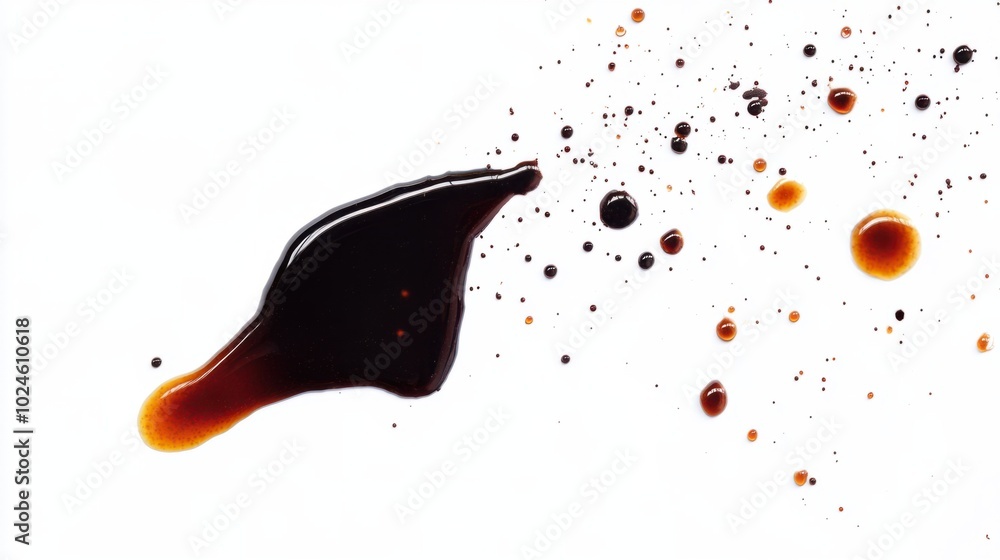 Poster abstract soy sauce spill in random patterns, isolated on a pristine white background.
