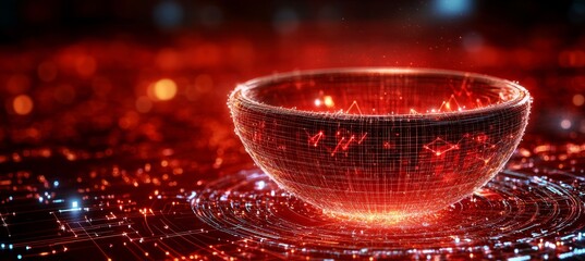 Glowing Red Bowl with Binary Code and Digital Data Flow on Futuristic Circuit Board Background