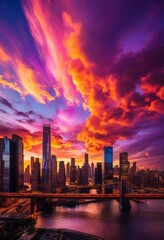 Fototapeta premium vibrant cloud patterns illuminating urban landscapes colorful skies distinctive city silhouettes, architecture, buildings, cityscape, skyline, panorama