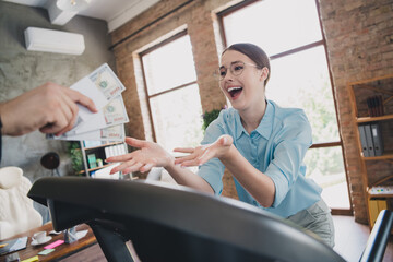 Photo of positive good mood lady specialist dressed shirt walking treadmill having money motivation...
