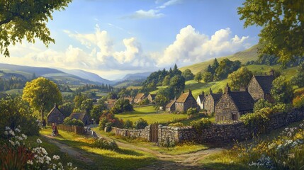 A small village nestled in a valley, surrounded by lush