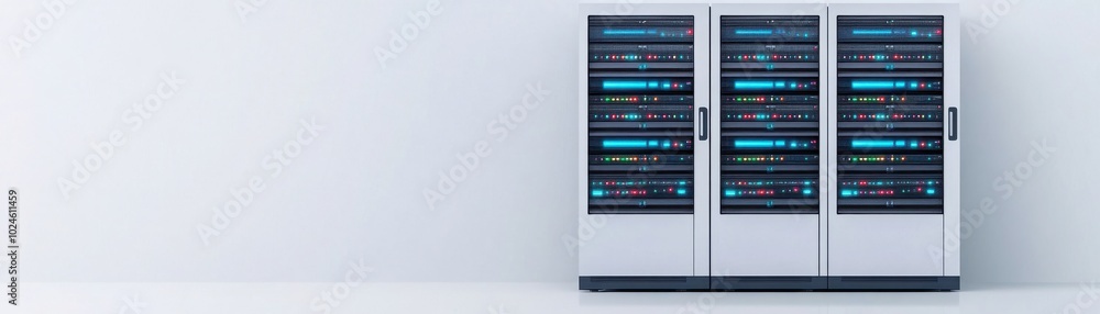 Poster modern server racks with colorful led displays in a minimalistic data center environment.