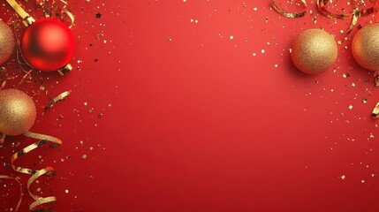 Festive Christmas Ornaments and Decorations on Red Background