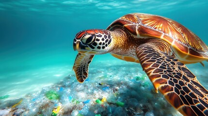 Obraz premium Sea turtle swimming over plastic pollution underwater highlighting ocean contamination and environmental threats