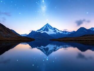 Naklejka premium Serene mountain landscape with a clear reflection in still water under a starry sky at dusk.