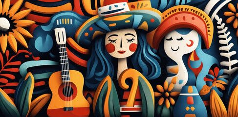 Colorful abstract illustration with two stylized figures, guitar, flowers, and vibrant patterns. Features hats, flowing hair, and bold geometric shapes in artistic composition.