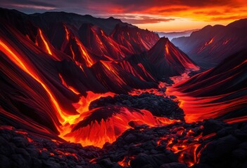 vibrant lava flow cascading down mountains diverse topography unique textural elements, volcano, eruption, terrain, geological, formation, volcanic