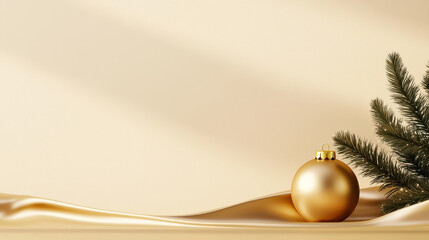 Elegant gold Christmas ornament beside a textured fabric backdrop and a pine branch, perfect for holiday-inspired designs