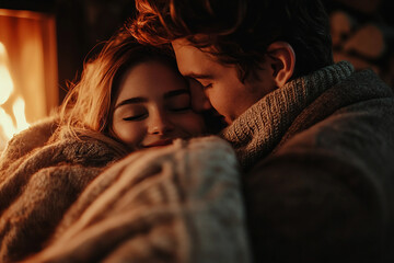 Enamored couple is warming up by the fireplace and hugging generative ai
