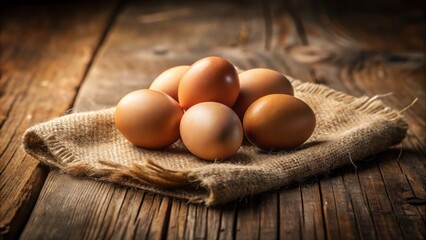 Tilt-Shift Photography of Chicken Eggs on Sackcloth Over Old Wooden Table