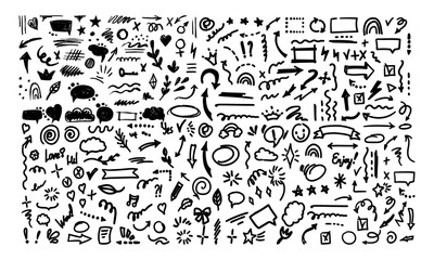 Hand-drawn pencil color brush elements, brush with crayon effect, chalk texture.Vector illustration in children's style. Crayon brush scribble, square, spiral, arrow.