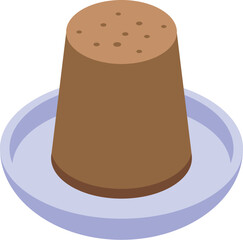 Brown peat pot standing on a light blue plate for seedlings, isometric icon