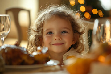 Happy Thanksgiving, big family dinner with turkey feast home celebration, Generative AI