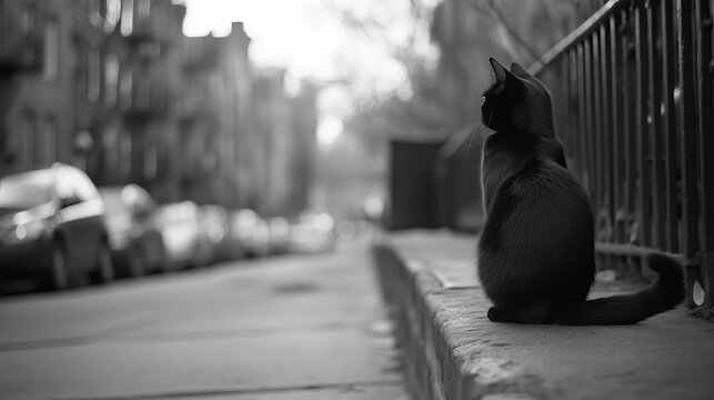 A black cat sits on a ledge next to a fence. The cat is looking off into the distance