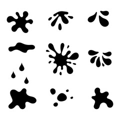Fototapeta premium Set of Water drops. Black Liquid doodle elements, cry droplet icons collection. Ink, sauce, blood, river splashes and fluid. Vector illustration isolated on white background