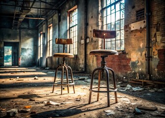 Urban Exploration: Two Vintage Bar Stools in an Abandoned Warehouse
