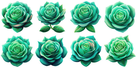 Cartoon illustration set of green rose with Grainy Textures. isolate on a white background. PNG
