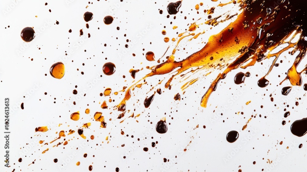 Poster soy sauce splatter creating abstract shapes on a clean white surface, scattered in random patterns.