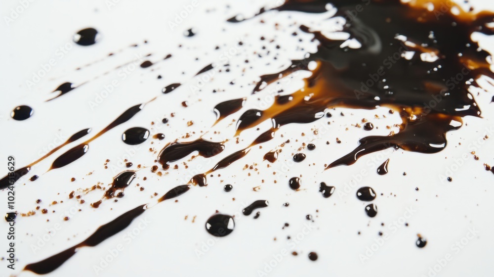 Aufkleber soy sauce splatter creating abstract shapes on a clean white surface, scattered in random patterns.
