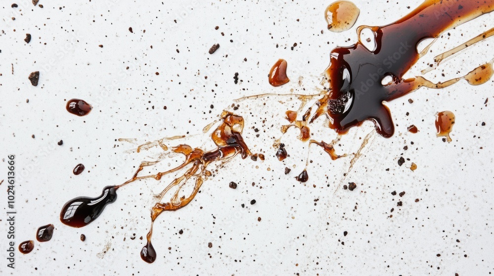 Aufkleber soy sauce splatter creating abstract shapes on a clean white surface, scattered in random patterns.