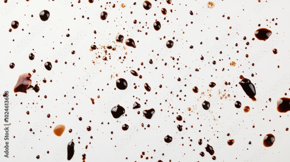 Aufkleber soy sauce splatter creating abstract shapes on a clean white surface, scattered in random patterns.
