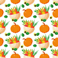 Pattern of fresh vegetables in a plate and avocado on a white background. Seamless pattern. Vector graphics.