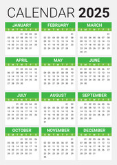 Calendar 2025 Full Editable, Eps Vector Green