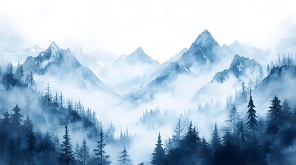 Fototapeta premium Landscape painting in the style of Chinese ink painting, with blue mountains and forests in the fog, set against a white background