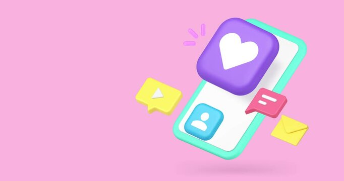 Dating smartphone application love mail chatting user profile copy space 3d icon animation. Date mobile phone app internet web communication social network message chat