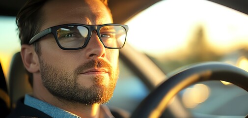 Confident man with glasses driving a car at sunset, focused expression, soft background blur reflecting a calm and stylish ambiance.