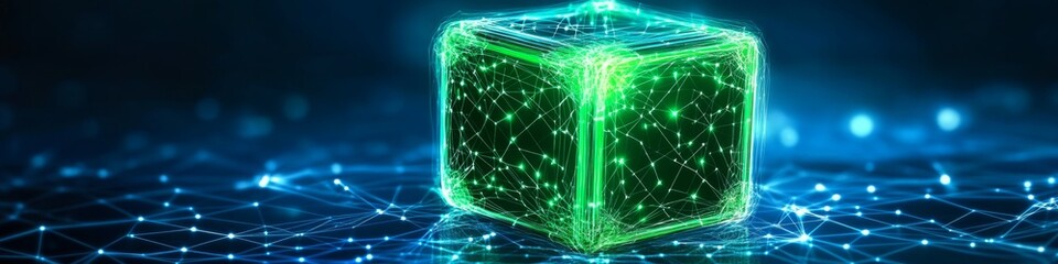 Obraz premium 3D Wireframe Cubes with Glowing Interconnected Nodes in a Digital Low Poly. for blockchain cryptography, data visualization, quantum computing, AI networking, secure data transfer.