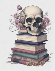 Vintage skull with pink roses on top of a stack of books