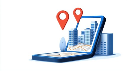 Smartphone displaying a cityscape with location markers, showcasing digital navigation and urban mapping.