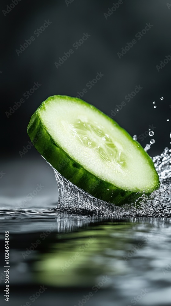 Poster crisp cucumber slice splashes into refreshing water, creating dynamic ripples, ai