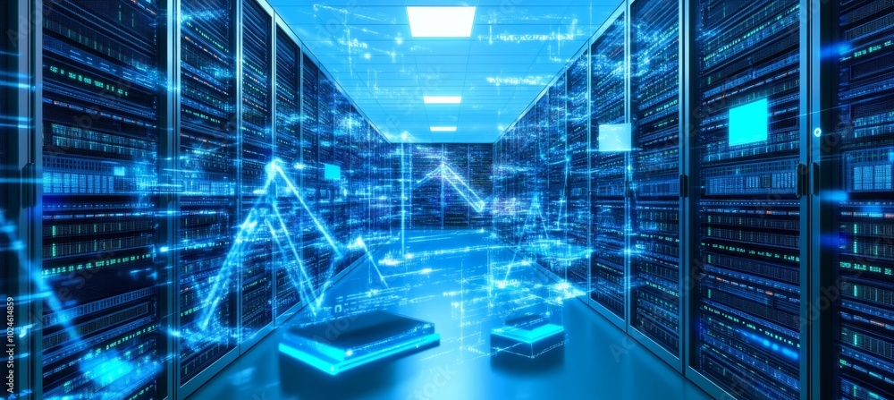 Poster server room data center with holographic charts. data storage, connection, technology concepts.