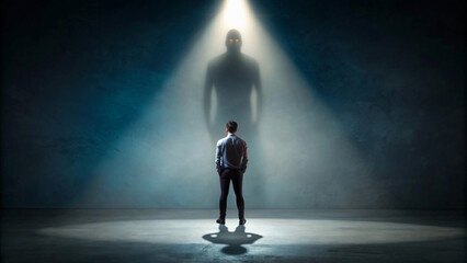 Fototapeta premium A person standing in a spotlight, but a large, dark, looming shadow behind them