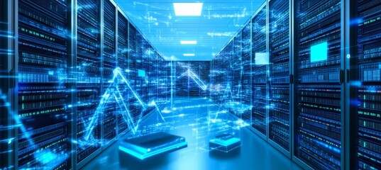 Server Room Data Center With Holographic Charts. Data Storage, Connection, Technology Concepts.