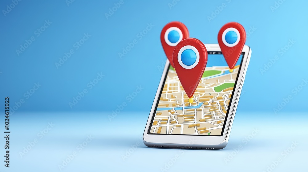 Poster smartphone displaying a map with location pins, isolated on a blue background.
