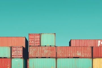 Fototapeta premium Stacked shipping containers against clear blue sky showcase efficient cargo management at a bustling port