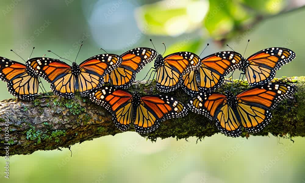 Poster monarch butterflies clustering on a tree branch during migration