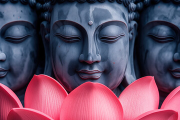mindfulness, buddha faces in grey behind red lotus flower in front, closeup, photorealistic
