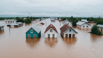 Obraz premium Houses submerged in floodwaters, showcasing the impact of natural disasters.