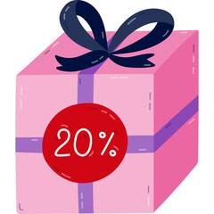 Cute cartoon closed gift box with 20 percent discount label, bow and ribbon. Present clipart for Black Friday sale, holiday price off, promo offers. Hand drawn colorful gift isolated on white.