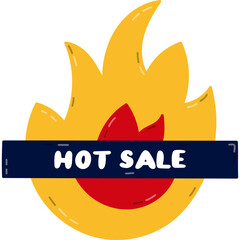 Cool cartoon fire with lettering Hot Sale. Advertising of big discount and promotion of price off sign isolated on white background. Black Friday trendy concept for shopping, business, internet.