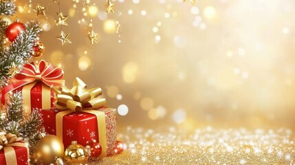 Sparkling Christmas Gifts and Decorations on Golden Background